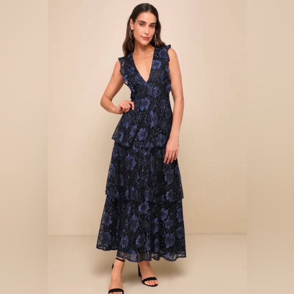 Lulus Molinetto Navy Blue Lace Ruffled Tiered Sleeveless Maxi Dress 2x